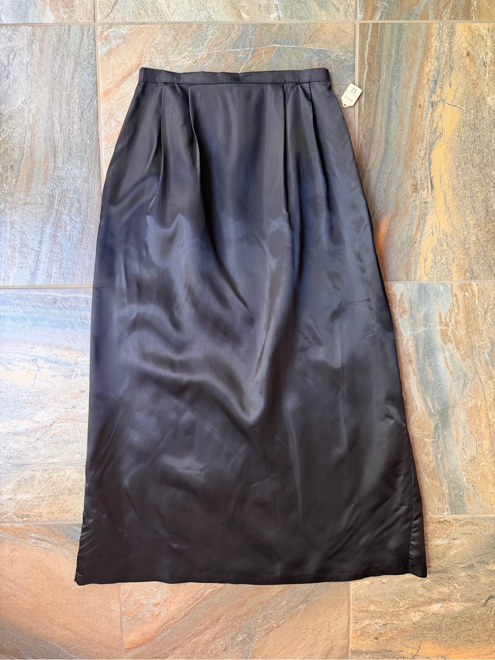 Vintage Bedford Fair Black Satin Maxi Skirt High Waisted Back Slit 90s Goth M